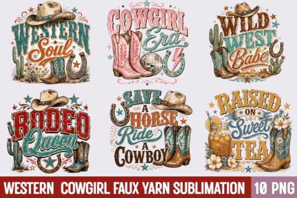 Western Cowgirl Faux Yarn PNG Bundle for Modern Design